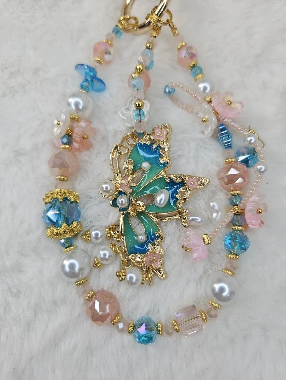 Gold Butterfly Phone Charm with Blue and Pink Beads